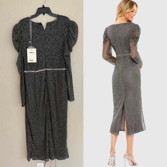 Mac Duggal 93674 Gray Beaded Wrap Over Puff Sleeve Dress - Picture 3 of 13